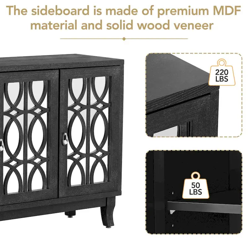 Sideboard-Buffetschrank mit 3 verspiegelten Glastüren und silbernem Griff - 47.2"L x 15.6"W x 33.9"H