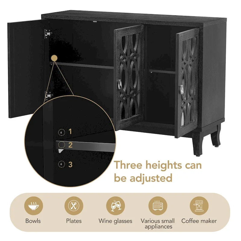 Sideboard-Buffetschrank mit 3 verspiegelten Glastüren und silbernem Griff - 47.2"L x 15.6"W x 33.9"H