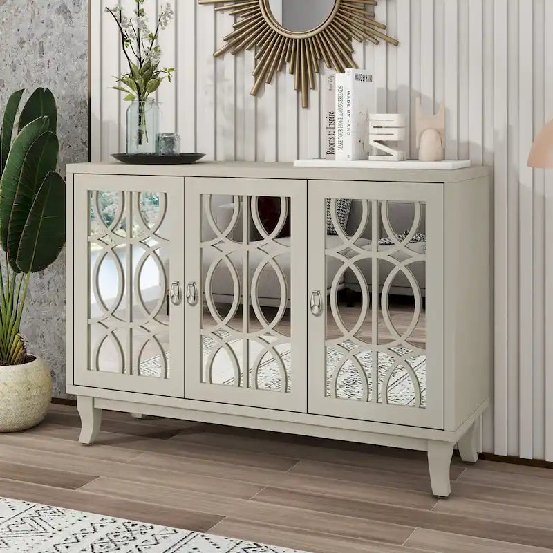 Sideboard-Buffetschrank mit 3 verspiegelten Glastüren und silbernem Griff - 47.2"L x 15.6"W x 33.9"H