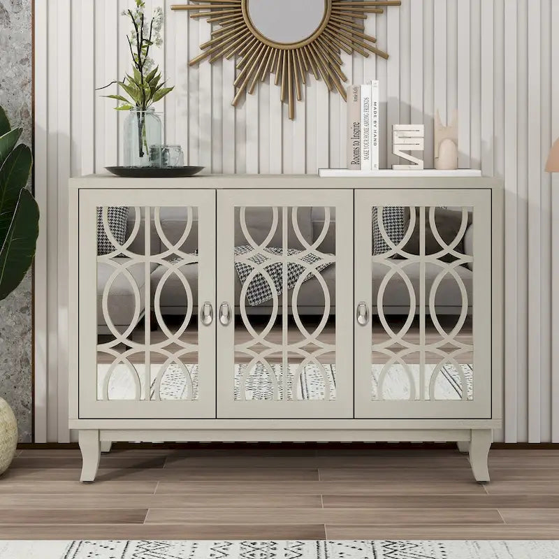 Sideboard-Buffetschrank mit 3 verspiegelten Glastüren und silbernem Griff - 47.2"L x 15.6"W x 33.9"H