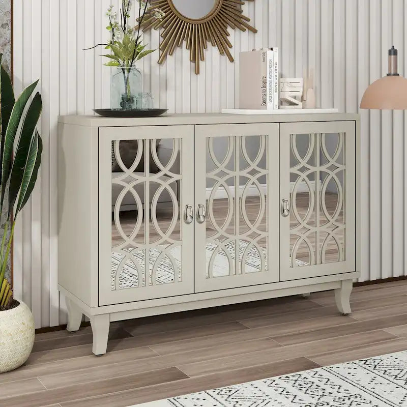 Sideboard-Buffetschrank mit 3 verspiegelten Glastüren und silbernem Griff - 47.2"L x 15.6"W x 33.9"H