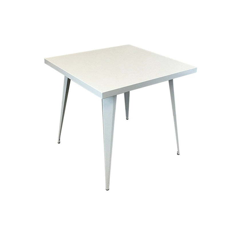 Mesa de comedor con tablero cuadrado de metal y patas de metal