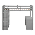 Cama alta individual con escalera, estantes, escritorio de 4 cajones y soporte de listones de madera
