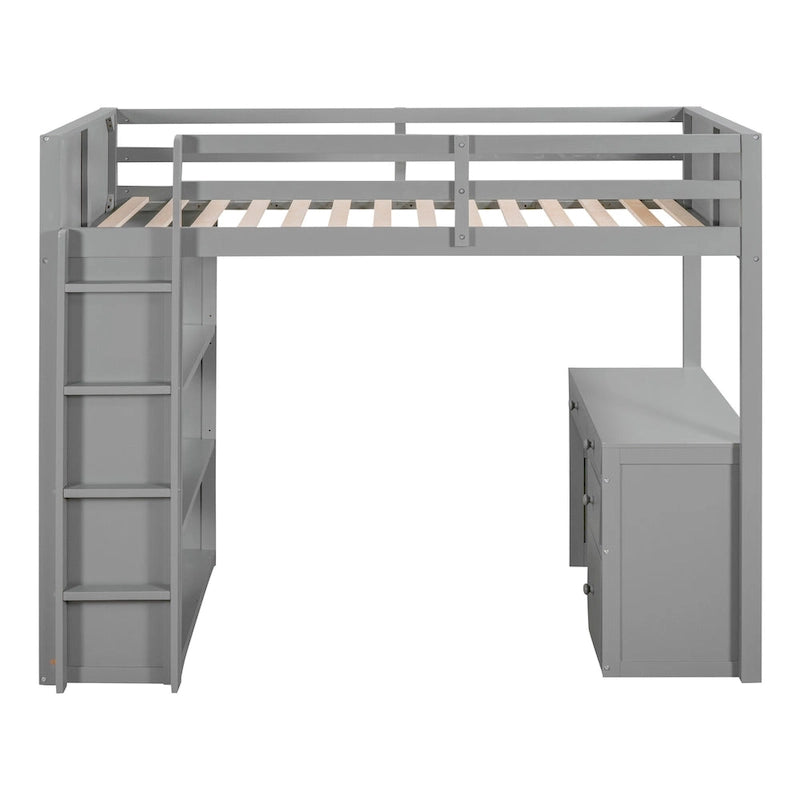Cama alta individual con escalera, estantes, escritorio de 4 cajones y soporte de listones de madera