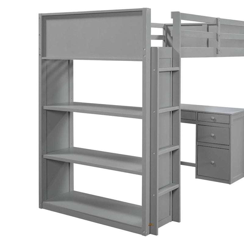 Cama alta individual con escalera, estantes, escritorio de 4 cajones y soporte de listones de madera