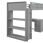 Cama alta individual con escalera, estantes, escritorio de 4 cajones y soporte de listones de madera