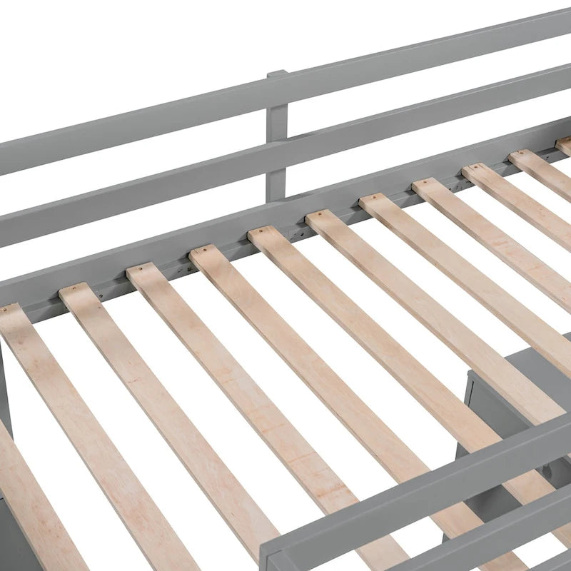 Cama alta individual con escalera, estantes, escritorio de 4 cajones y soporte de listones de madera