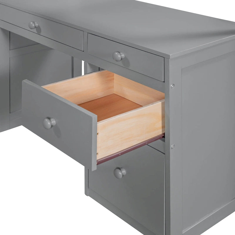 Cama alta individual con escalera, estantes, escritorio de 4 cajones y soporte de listones de madera