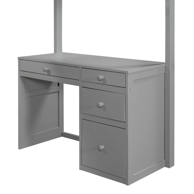 Cama alta individual con escalera, estantes, escritorio de 4 cajones y soporte de listones de madera