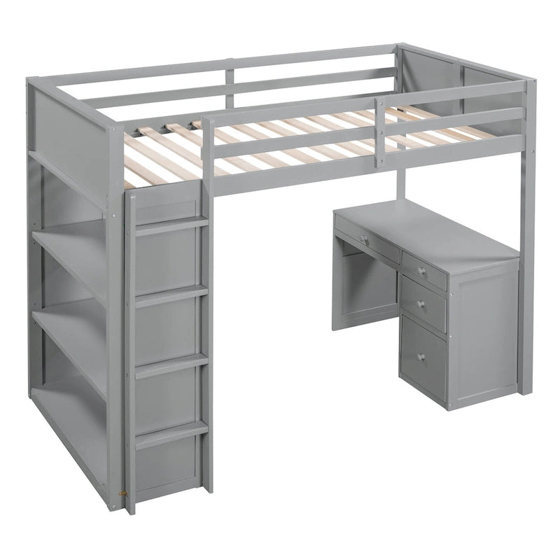 Cama alta individual con escalera, estantes, escritorio de 4 cajones y soporte de listones de madera