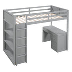 Cama alta individual con escalera, estantes, escritorio de 4 cajones y soporte de listones de madera