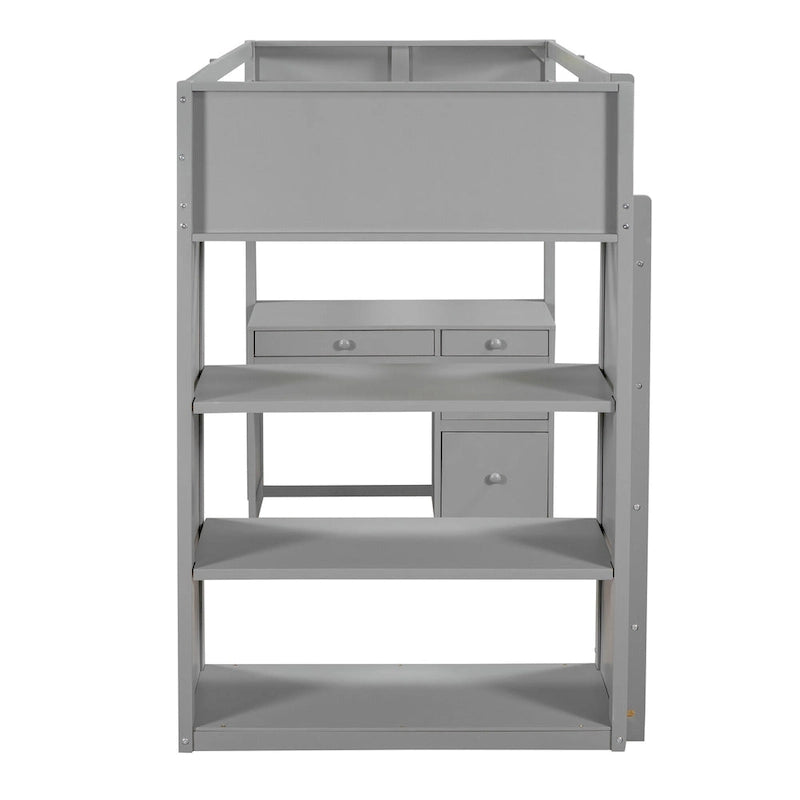 Cama alta individual con escalera, estantes, escritorio de 4 cajones y soporte de listones de madera