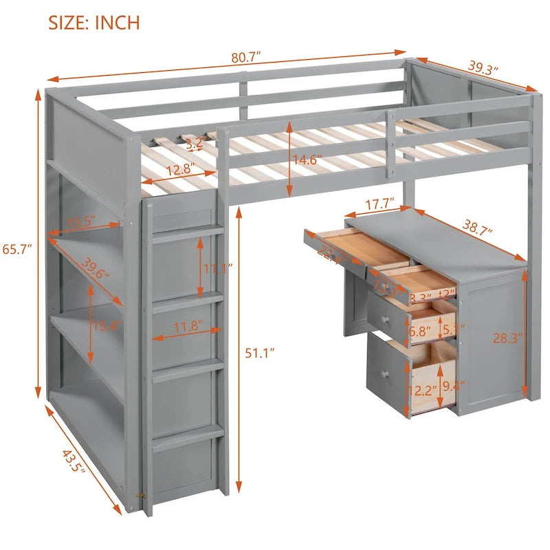 Cama alta individual con escalera, estantes, escritorio de 4 cajones y soporte de listones de madera