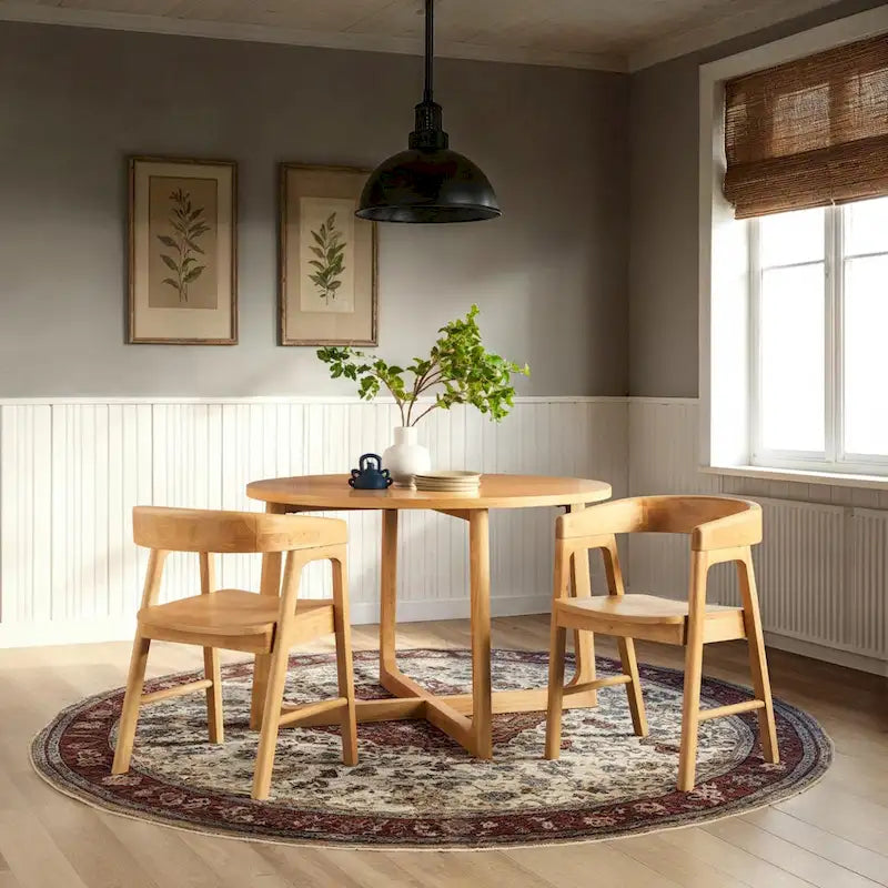 Mesa de comedor redonda de madera maciza con patas geométricas