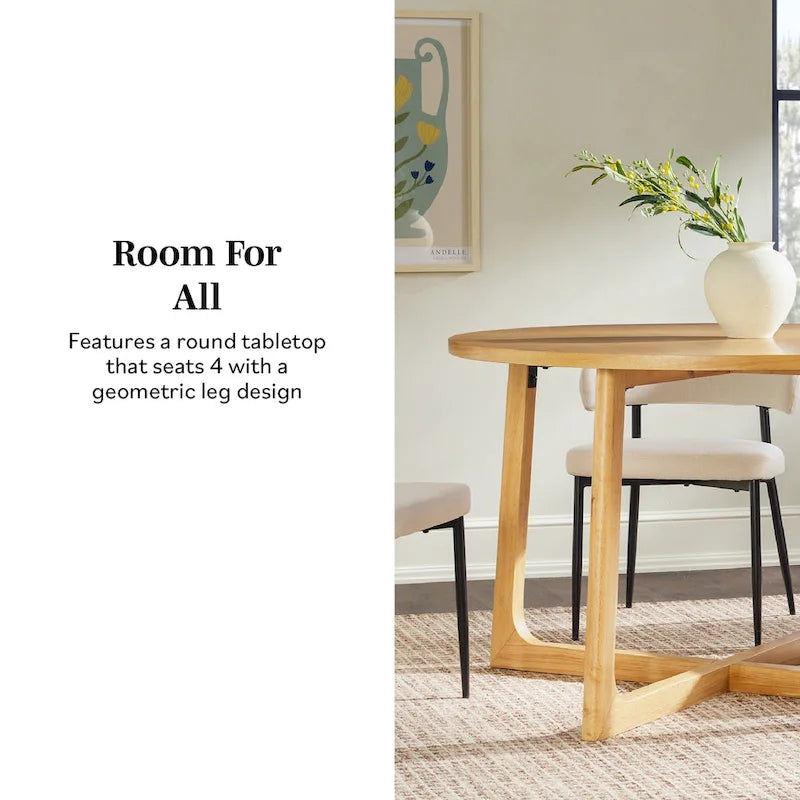 Mesa de comedor redonda de madera maciza con patas geométricas