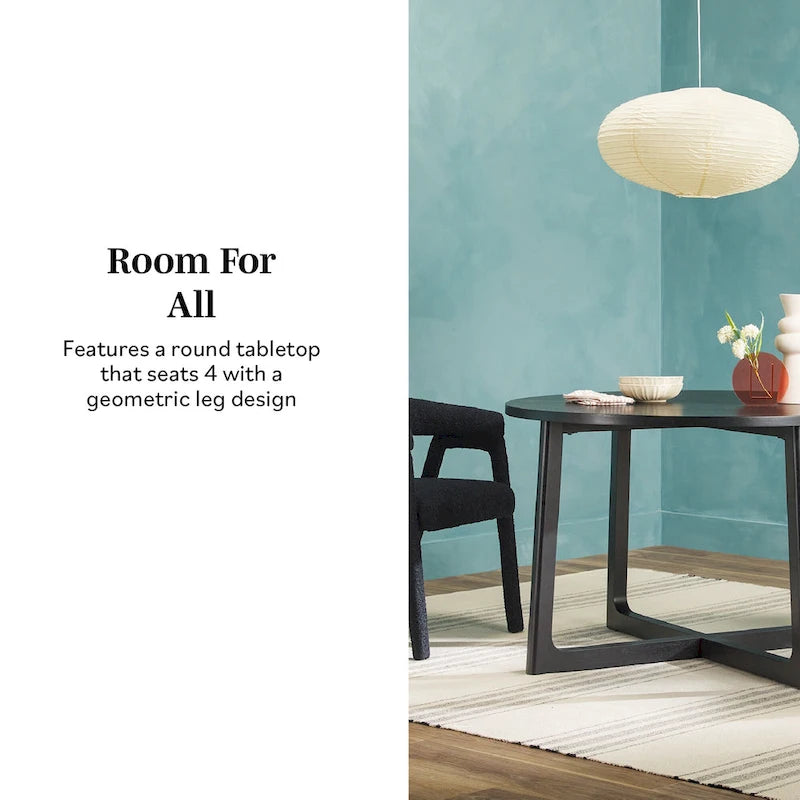 Mesa de comedor redonda de madera maciza con patas geométricas