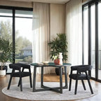 Mesa de comedor redonda de madera maciza con patas geométricas